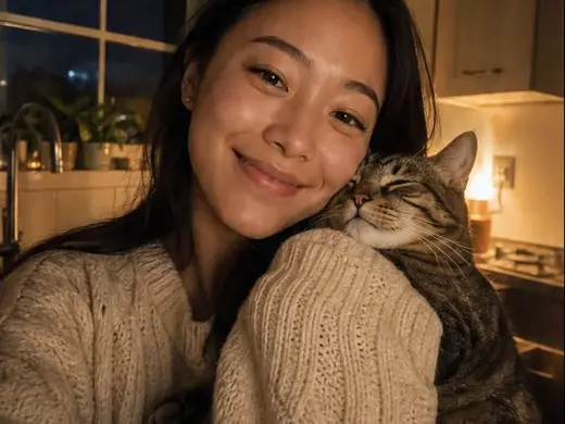 LORAX chat where Yuna texts first with a photo of her cat after her shift — LORAX AI girlfriend app for iPhone